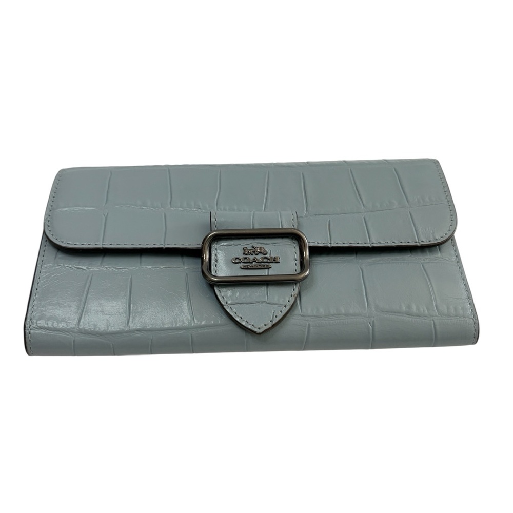 Coach Morgan Slim Wallet Cornflower Gunmetal Hardware Croc Embossed Leather EUC